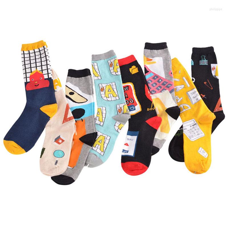

Men's Socks 12pcs 6pairs Unisex Couples Men Sock Illustration Pattern Stationery Calculator 60% Cotton Long Tube Women Funny Meias