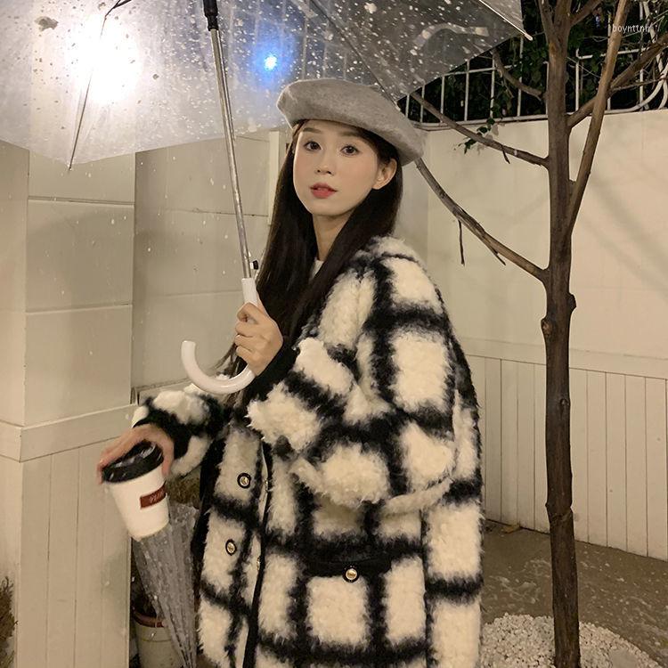 

Women' Down Herstory Elegant Jacket Women Winter Style Lamb Wool Thick Plaid Loose V-neck Long-sleeved Cotton, Black plaid