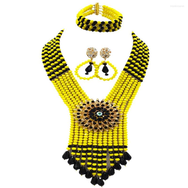 

Necklace Earrings Set Black And Opaque Yellow African Beads Jewelry Crystal Bracelet Nigerian Wedding Party Accessories 6SDLS07, Picture shown