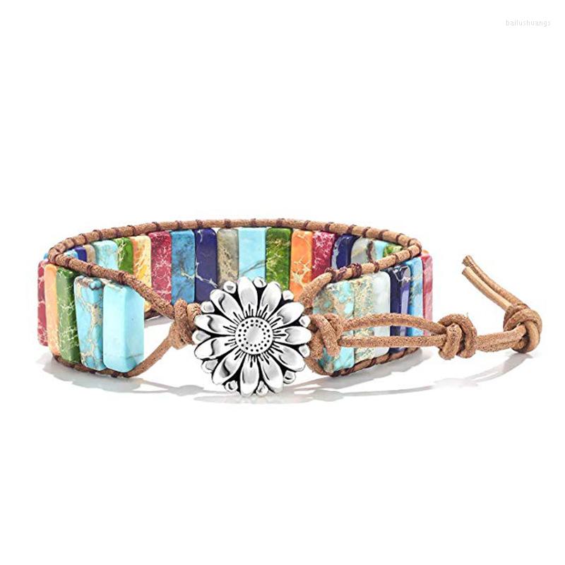 

Charm Bracelets 7 Chakra Reiki Healing Natural Stone Beaded For Men Women Handmade Rope Leather Wrap Yoga Flower Jewelry Gift