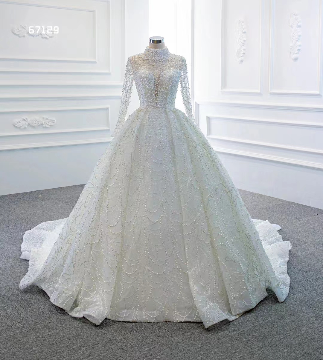 

elegant long sleeve luxury high neck muslim beading crystal wedding gown wedding dress SM67129, White