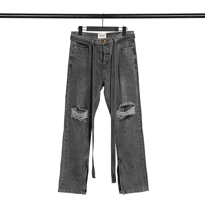 

Fashion Men's Fog Pants Jeans High Street Brand Ribbon Zipper Men Hip Hop Trousers Justi Biber Ripped Slim Fit Designer Luxury, Dark gray