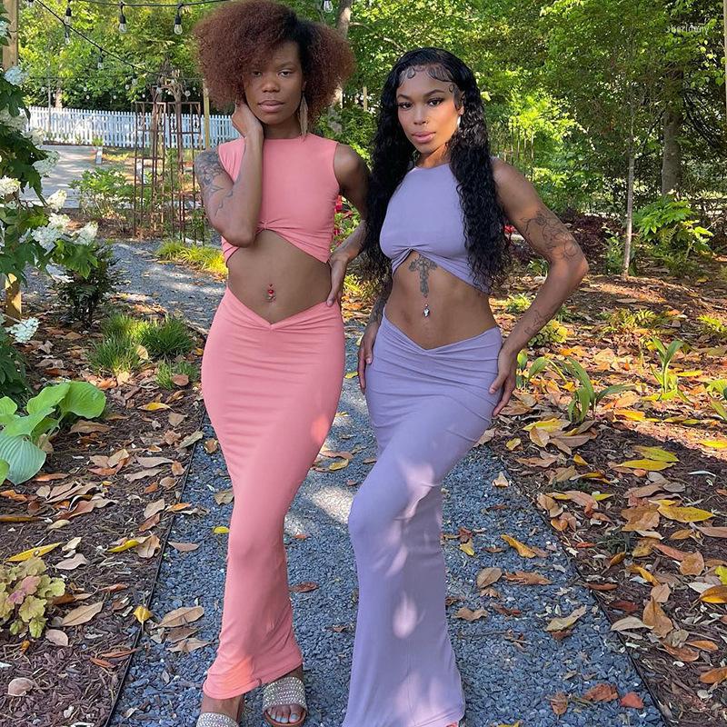 

Work Dresses Women' Long Skirt Set Solid Color Sleeveless Round Neck Cropped Navel Short Tops Soft Abdominal, Blue