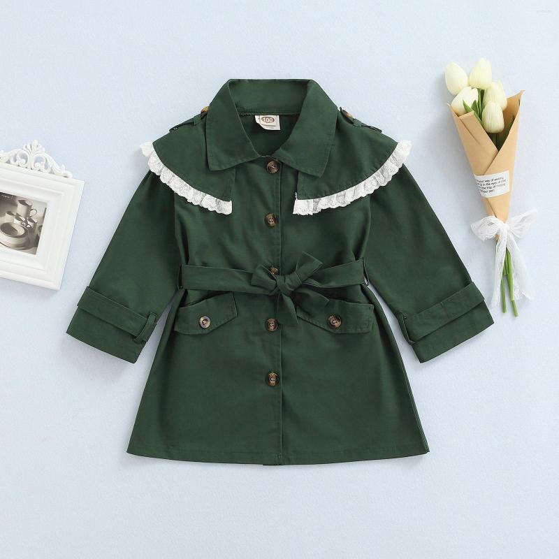 

Coat 2-7 Years Girls Full Sleeve Casual Trench With Waistband Dark Green Single-breasted Lace Hem Collared Long Jacket, Picture shown