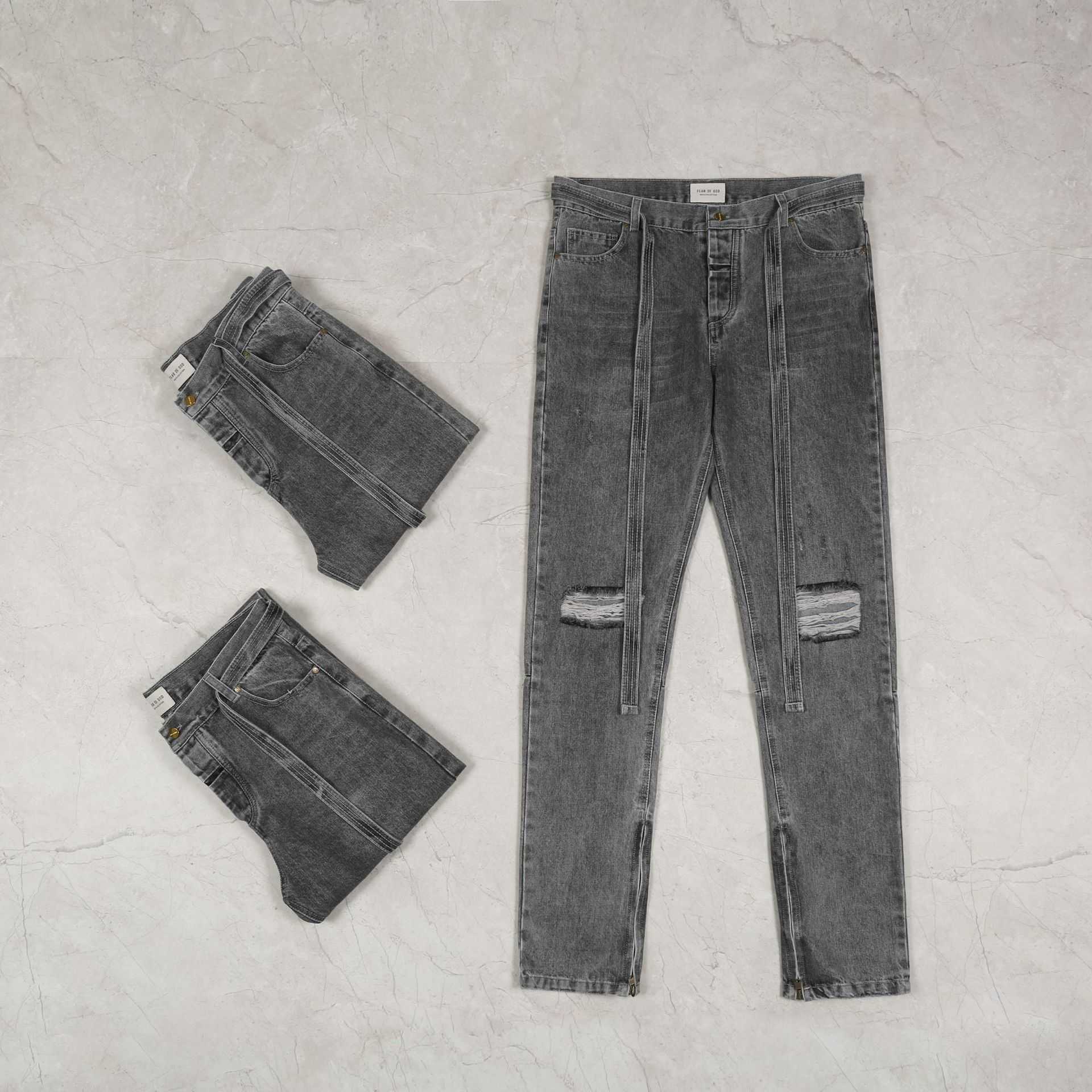 

Fashion Men' Fog Pants Jeans Streamer Broken Hole Washed High Street Men Justi Biber Ripped Hip Hop Slim Fit Designer Luxury, Black