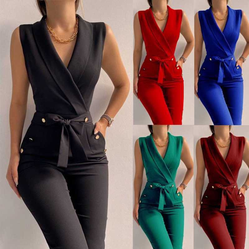 

2023 Women Clothing Spring Summer Jumpsuit Twisted Button V-neck Sleeveless Slim Fit One Piece Pants Professional Wear, Wine