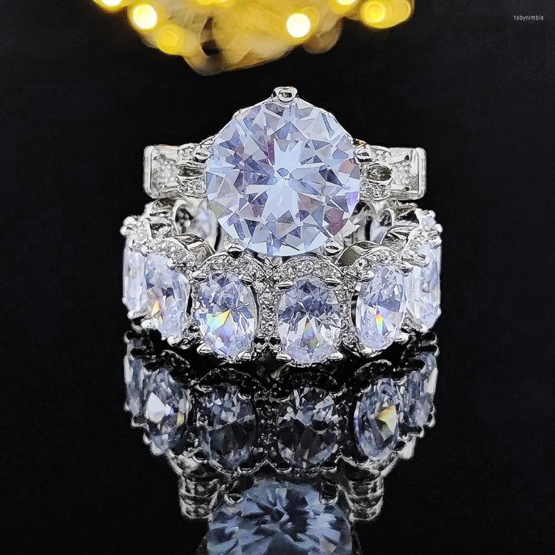 

Cluster Rings Luxury Real Silver Color Bride Oval Princess Cut Wedding Ring Set For Women Engagement Band Eternity Jewelry Zirconia R5699