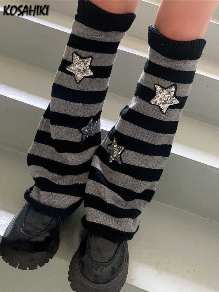 

Socks Hosiery KOSAHIKI Y2k Goth Lolita Striped Star Leg Warmers Japanese Women Gothic Long Socks Leggings Knee Knitted Cuffs Ankle Warmer T221107, Black white
