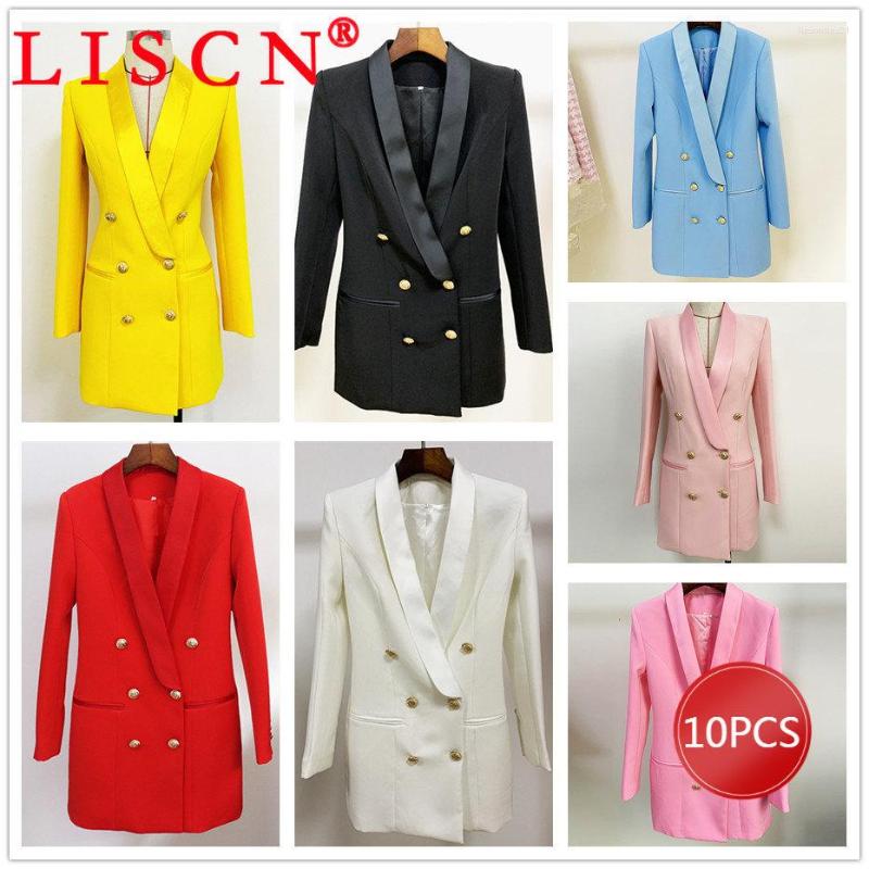 

Women' Suits 10pcs 2022 Est Designer Blazer Jacket Women Lion Buttons Double Breasted Satin Shawl Collar Long Brazer Wholesale K10299, Black