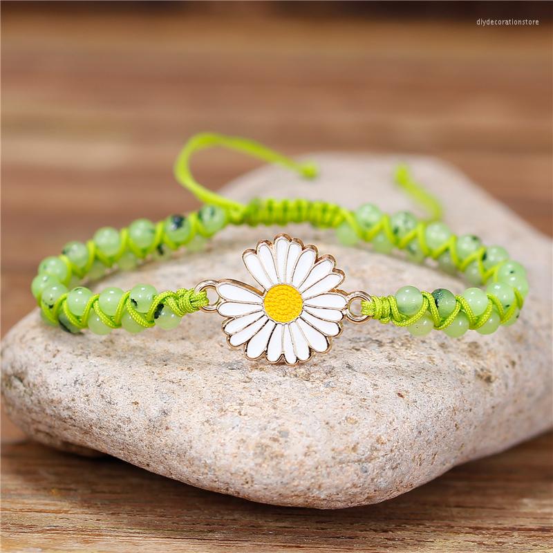 

Charm Bracelets Ethnic Green Natural Stone Beads Braided Daisy Macrame Bracelet BOHO Women Beaded Jewelry Drop