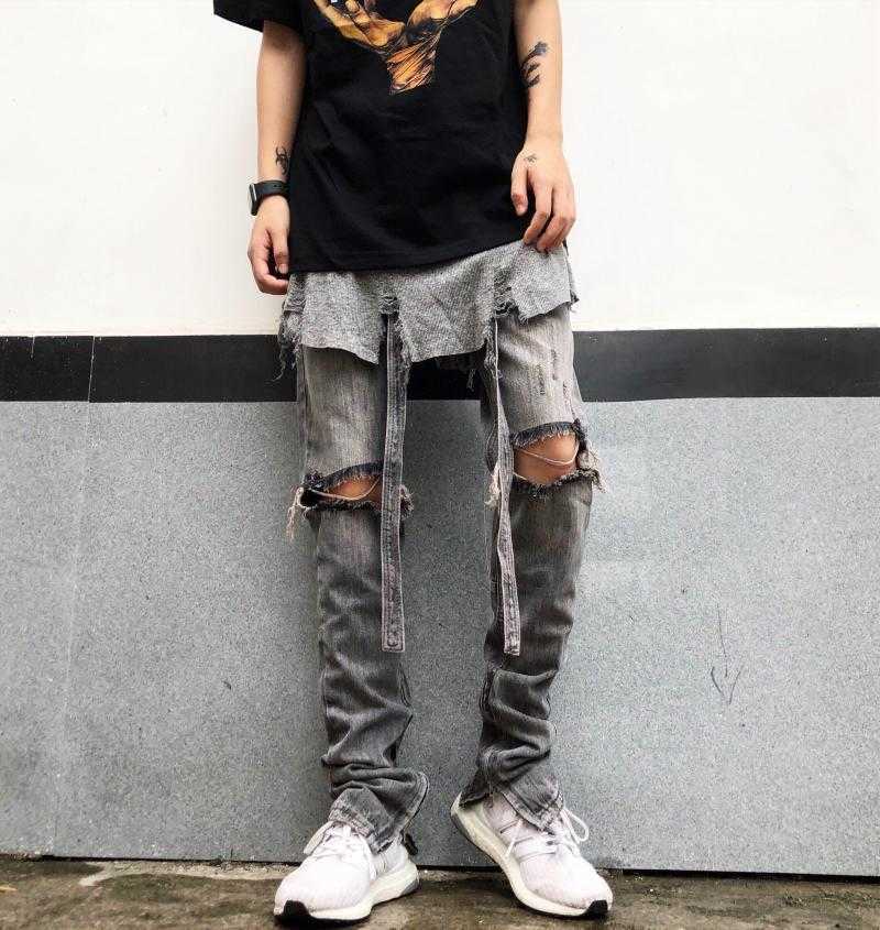 

Pants Men's Fog Jeans Fashion High Street Washed Worn Ash Hole Drift Rope Zipper Slim Fit Trendy Justi Biber Ripped Hip Hop EAMW, Grey fog season 6