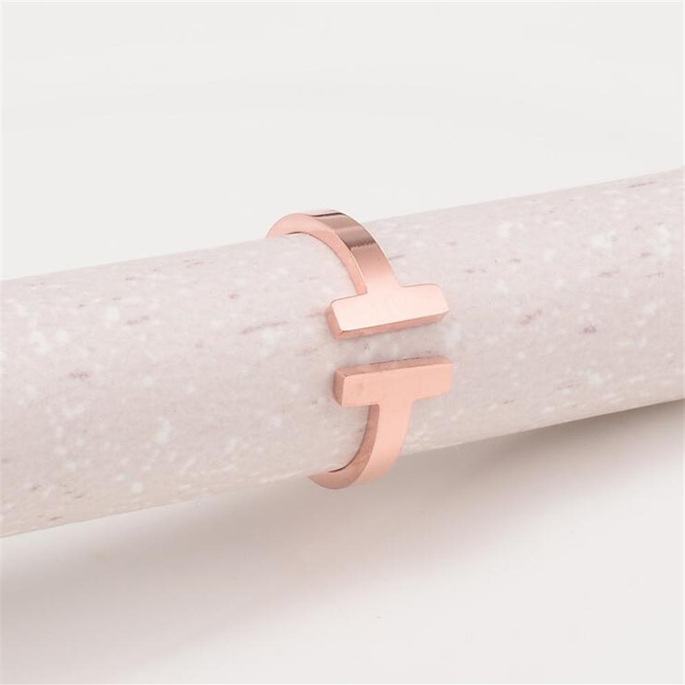 

316 Stainless Steel Double T Design Open Ring For Women Fashion Titanium Flexible Ring Rose Gold Plated Ring249G