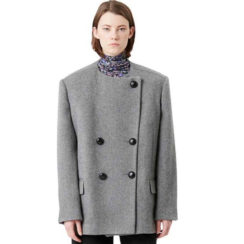 

Isabel Marant Women Designer Wool Coat Double Breasted Woolen Suit Grey Loose Long Sleeve Round Neck Coat Winter Warm Jacket, Gray
