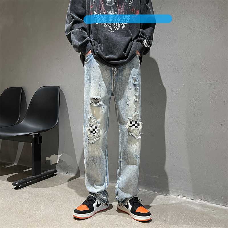

Fashion Jeans Men' Pants Fog Washed Tattered Plaid Casual Trousers Justi Biber Ripped Hip Hop Slim Fit Designer Luxury Elastic Y2K, Blue