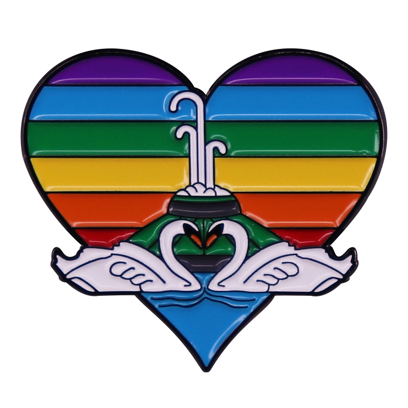 

Couple Swan Rainbow Heart brooch Metal badge accessory Couple gift LGBT Cute Anime Movies Games Hard Enamel Pins Collect, As picture