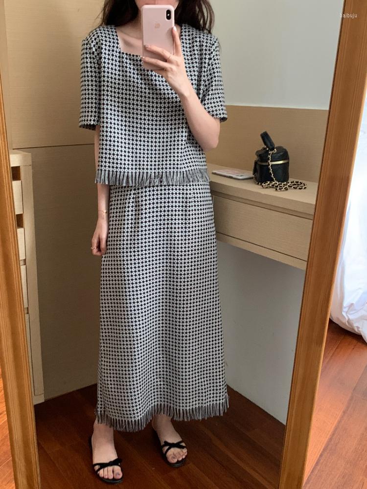 

Work Dresses Korean Plaid Skirt Set Ladies Retro Niche Temperament Tassel Square Collar Top High Waist Slit Summer Suit Women Office Lady, Photo color