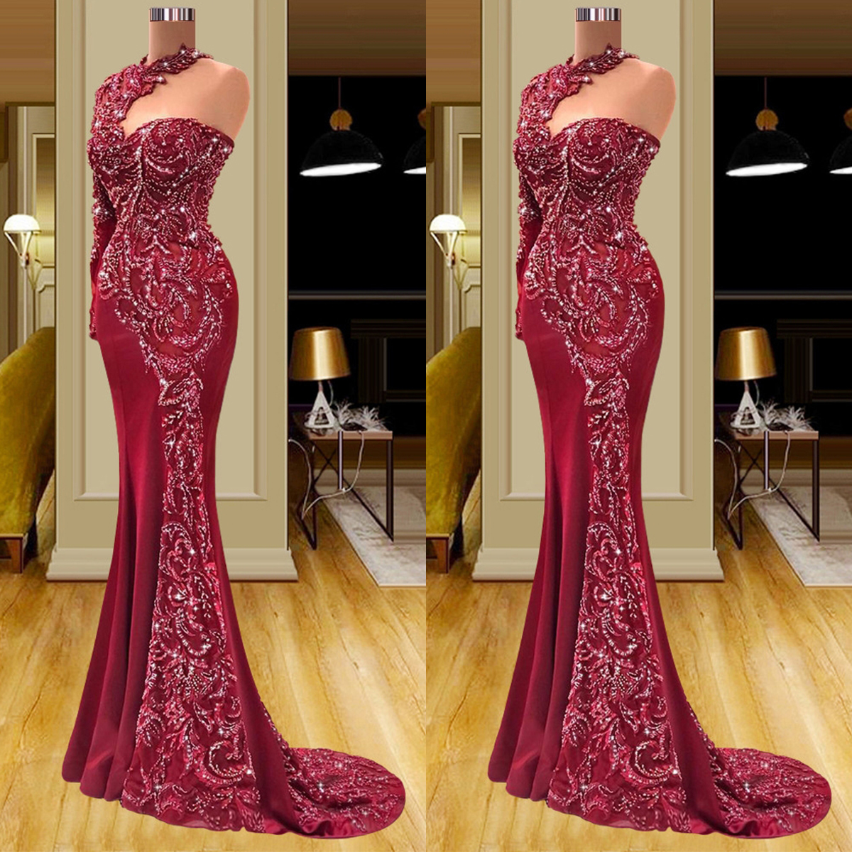 

Dark Red Prom Dresses One Long Sleeve Halter Appliques Sequins Beaded Evening Dresses Lace Floor Length Evening Dresses Gowns Plus Size Custom Made, Fuchsia
