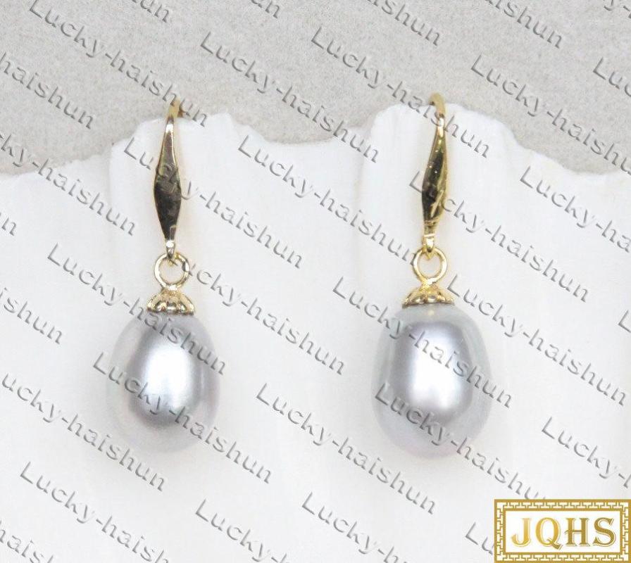 

Stud Earrings Natural Dangle 11mm Drip Gray Freshwater Pearls 14KT Solid Gold Hook C484