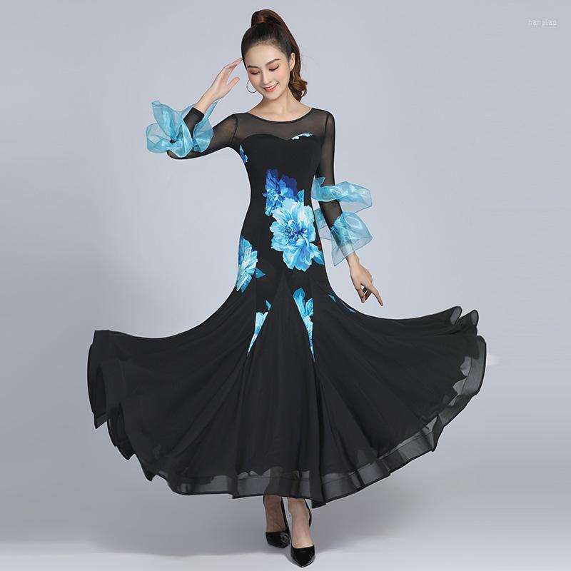 

Stage Wear 2022 Women Ballroom Dance Performance Dress Long Sleeved Practice Adults Female Waltz Latin Modern DresDN11536, Black