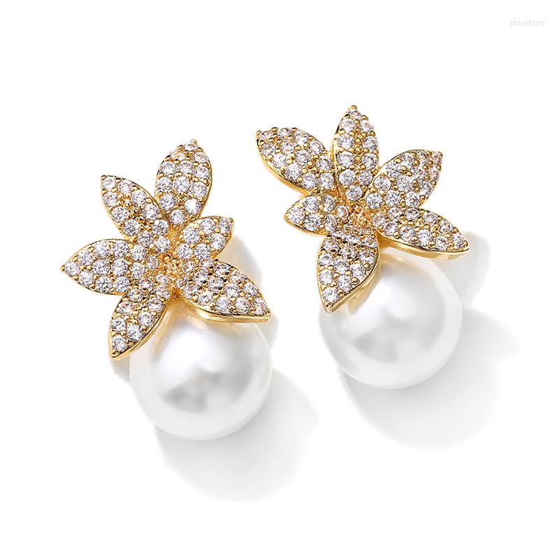 

Stud Earrings MASA 2022 Korean Fashion Female Crystal Imitation Pearls Leaf For Women Girls Micro Zircon Charm Bridal Jewelry