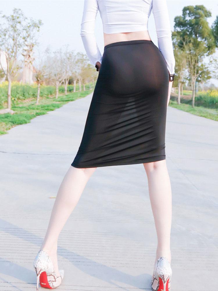 

Skirts Women Summer Fashion One Step Tights Skirt Ice Silk Sheer See Through OL Push Hip Bodycon Erotic Nightclub Elastic, Black