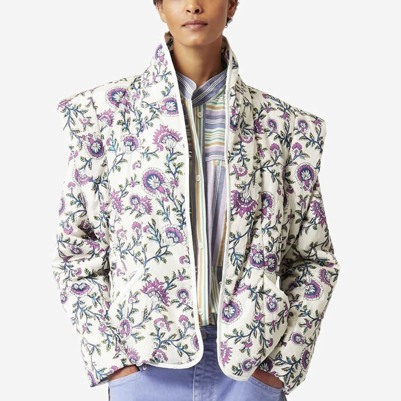 

Isabel Marant Designer Cotton-padded Coats Floral Print Stand Collar Shoulder Pad Warm Coat Women Short Cotton Jacket, Color block