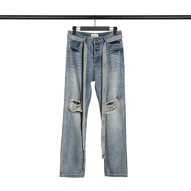 

Pants Men's Fashion Fog Jeans Line Ribbon High Street Hip Hop Casual Slacks Justi Biber Ripped Slim Fit Designer Luxury Elastic Y2K, Light blue