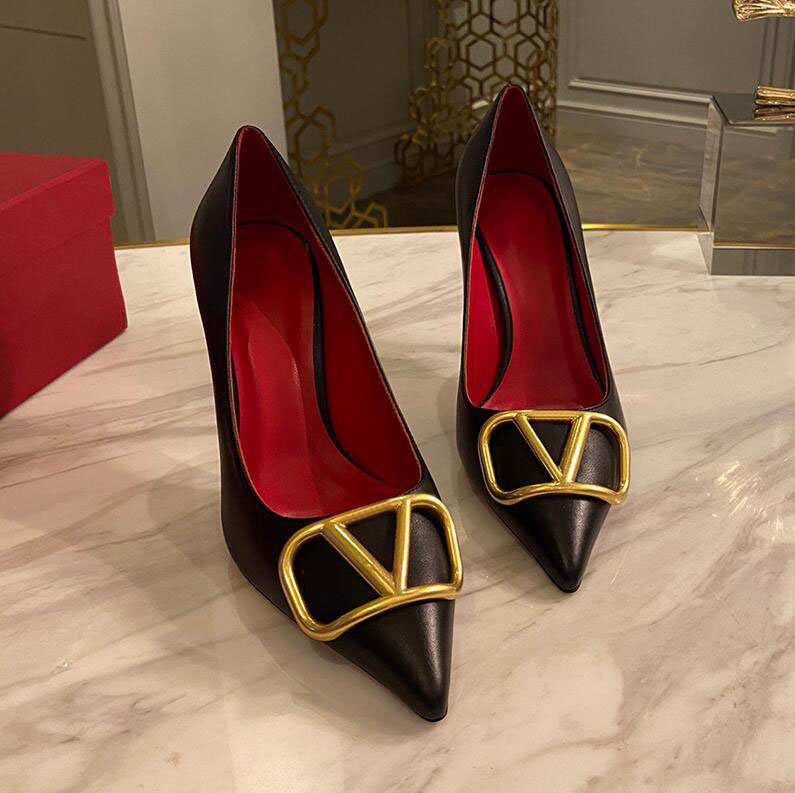 Dress V Metal Buckle High-heeled 2023 New Pointed Temperament Shallow Mouth Women's Shoes Heel Genuine Leather Fashion Sandals with Box