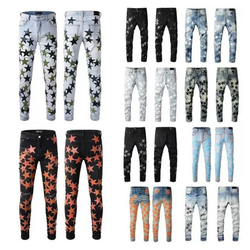 

Men Jeans For Guys Mens Jeans Ripped Orange Star Patches Wearing Biker Denim Stretch Motorcycle Trendy Long Straight