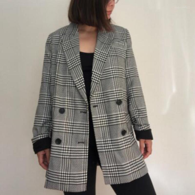 

Women's Suits Lolipomme 2022 Spring Plaid Blazer Women Double Breasted Oversize Jacket Mujer Long Sleeve Outfit Office Lady Elegant Work, Black striped