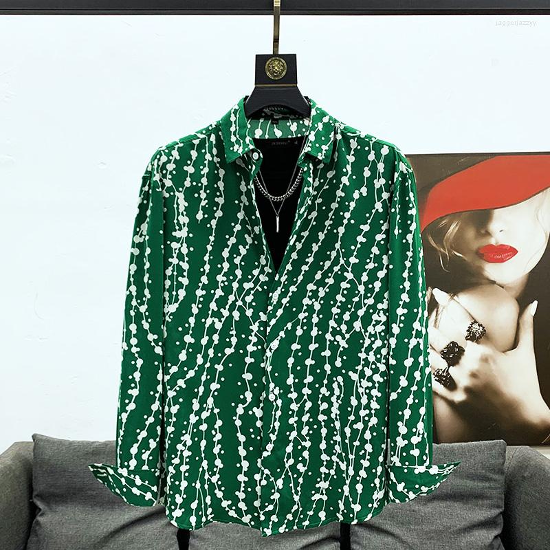 Mens Casual Shirts Loose Style Green White Color Size M L XL XXL XXXL Floral Retro Long Sleeve Non Iron Shirt Trendy Ink Printed Casual For Men Part