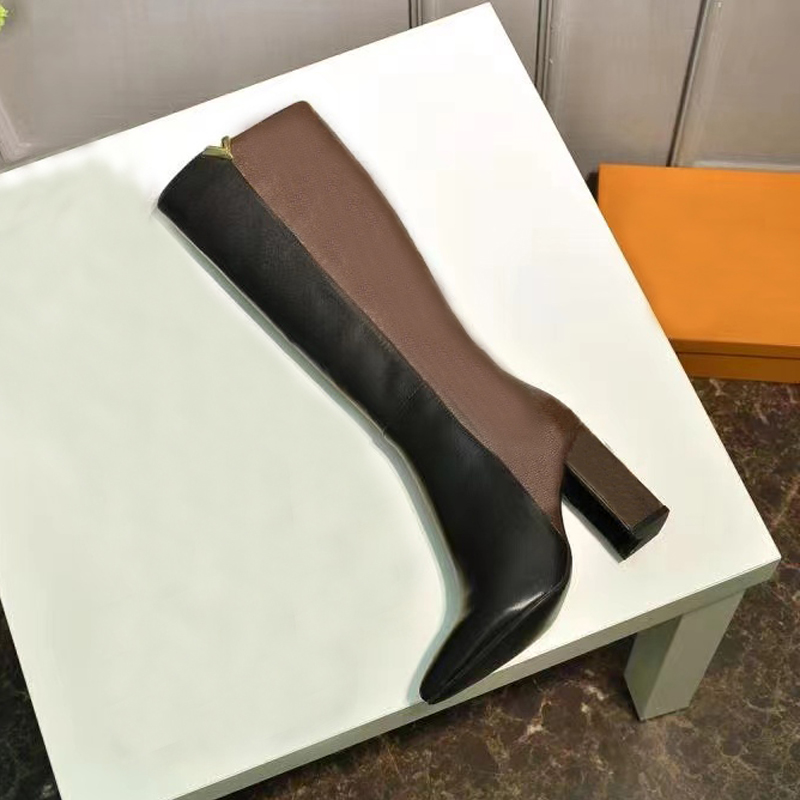 

autumn winter Letter Long boots fashion sexy Western thick heel boot Arabic alphabet women designer shoes lady cowhide Thick high heels zipper shoe Large size 35-41-42, Brown