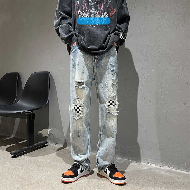 

Pants Men' Fog Jeans Fashion Broken Wash Plaid Casual Denim Justi Biber Ripped Hip Hop Slim Fit Designer Luxury Elastic Y2K, Blue