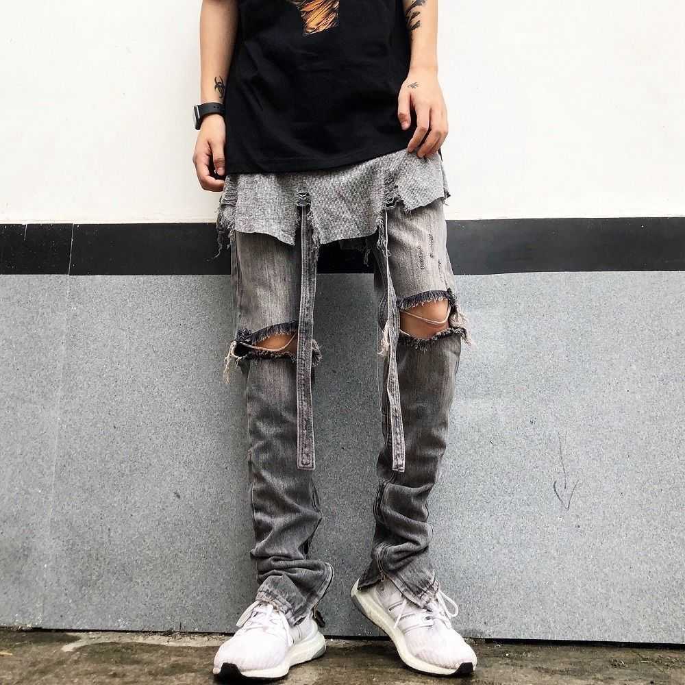 

Pants Men's Fog Jeans Fashion Street Water Wash Ash Broken Hole Float Rope Zipper Slim Fit Trendy Men Justi Biber Ripped Hip Hop, Grey denim floating rope