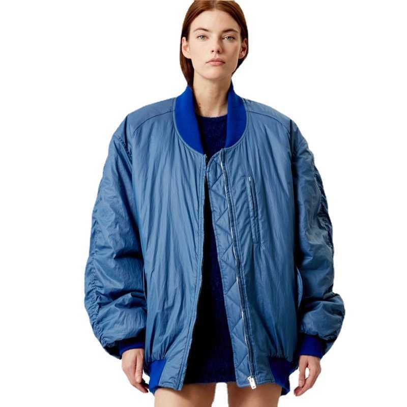 

Isabel Marant Kayama Pilot Jacket Round Neck Zippered Cotton Jackets Loose Women Fashion Blue Long Sleeved Cotton Coat