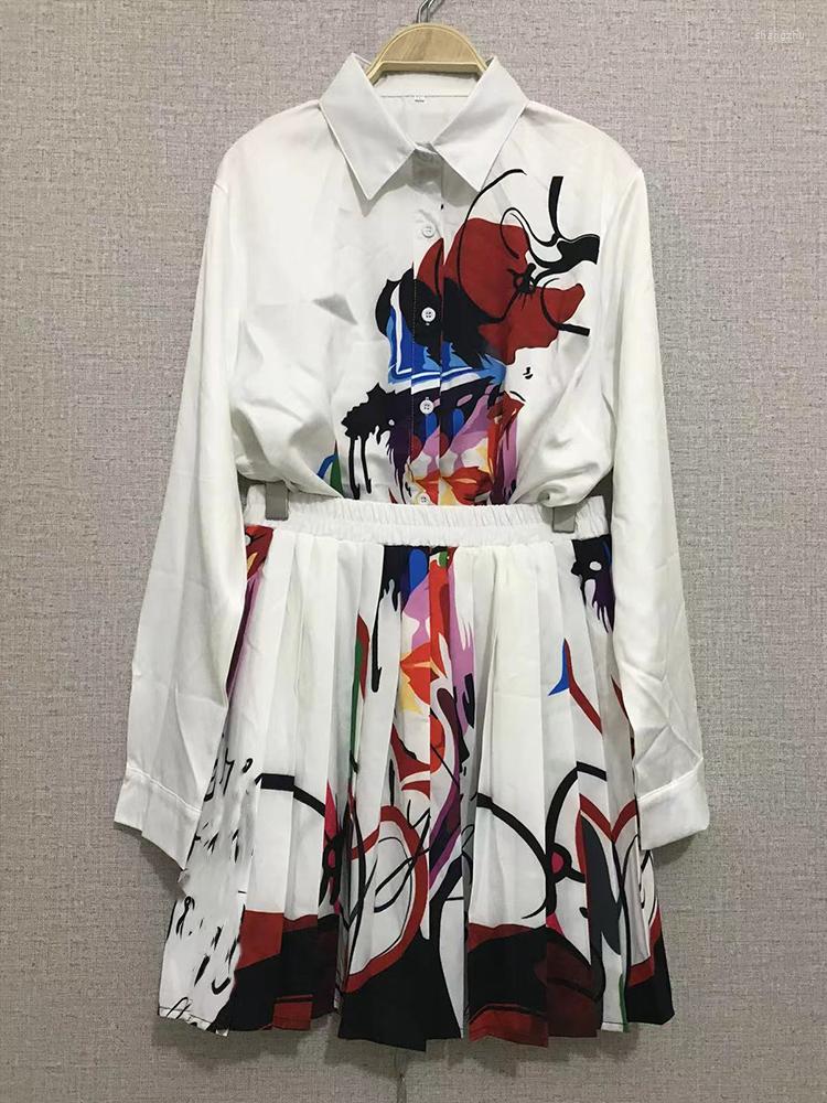 

Work Dresses Ladies Retro Elegant Print Lapel Long Sleeve Shirt Two Piece Autumn Style Elastic High Waist Pleated Skirt Fashion Set, Black