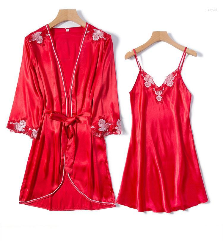 

Women's Sleepwear Women Robe Set 2PCS Lace Floral Trim Rayon Strap Top Nightdress Kimono Bathrobe Loose Home Dress Dressing Gown Summer, Red