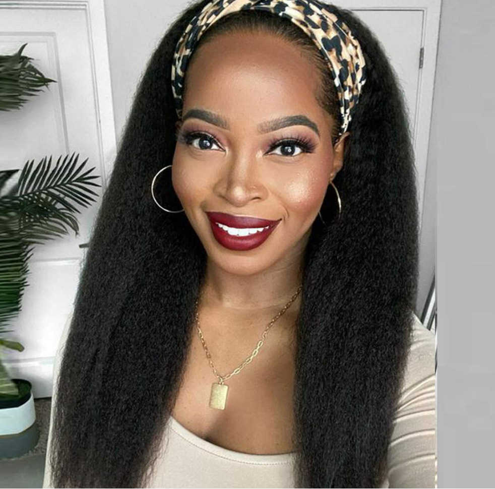 

Hair Lace Wigs Women's Long Straight Hair Yaki Black Chemical Fiber Hairband Headband Wig, Headscarf random - 18inch