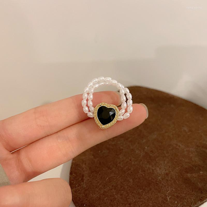 

Wedding Rings Heart Women's Female Elastic Rope Black Peach Adjustable Double-layer Pearl Cubic Zircon Index Finger Ring Retro Cool