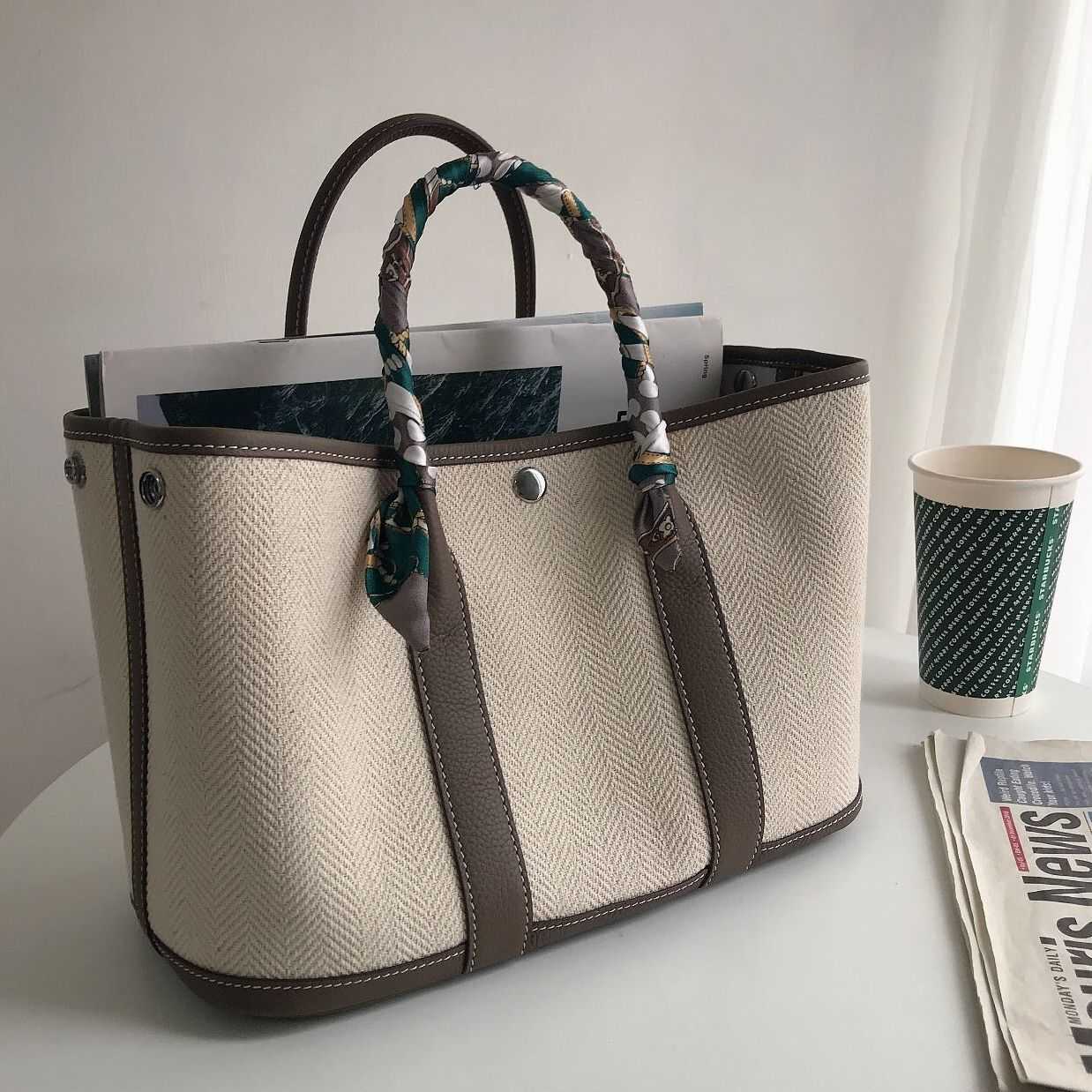 

h bag Fashion designer H ermese bag 2022 new canvas with cowhide top layer women garden hand leather contrast single shoulder messenger, With elephant grey 30cm