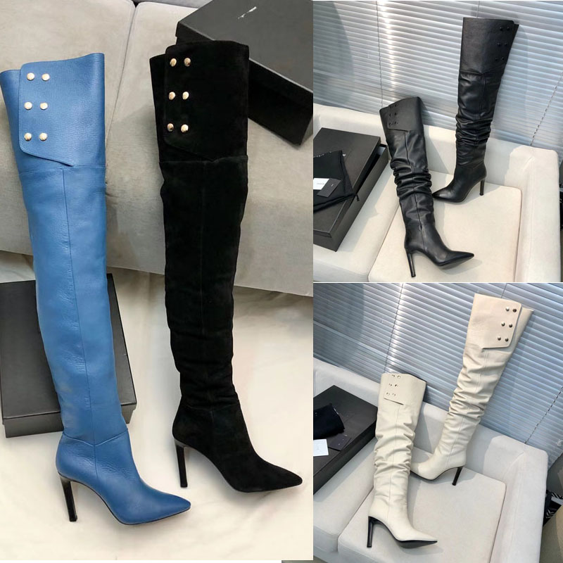 

2022 designer women pointed Overlord knee-high boots YSL family Fashion sexy black white blue leather Boots Autumn winter Metal buckle stiletto heels Shoes size 35-39, Grey