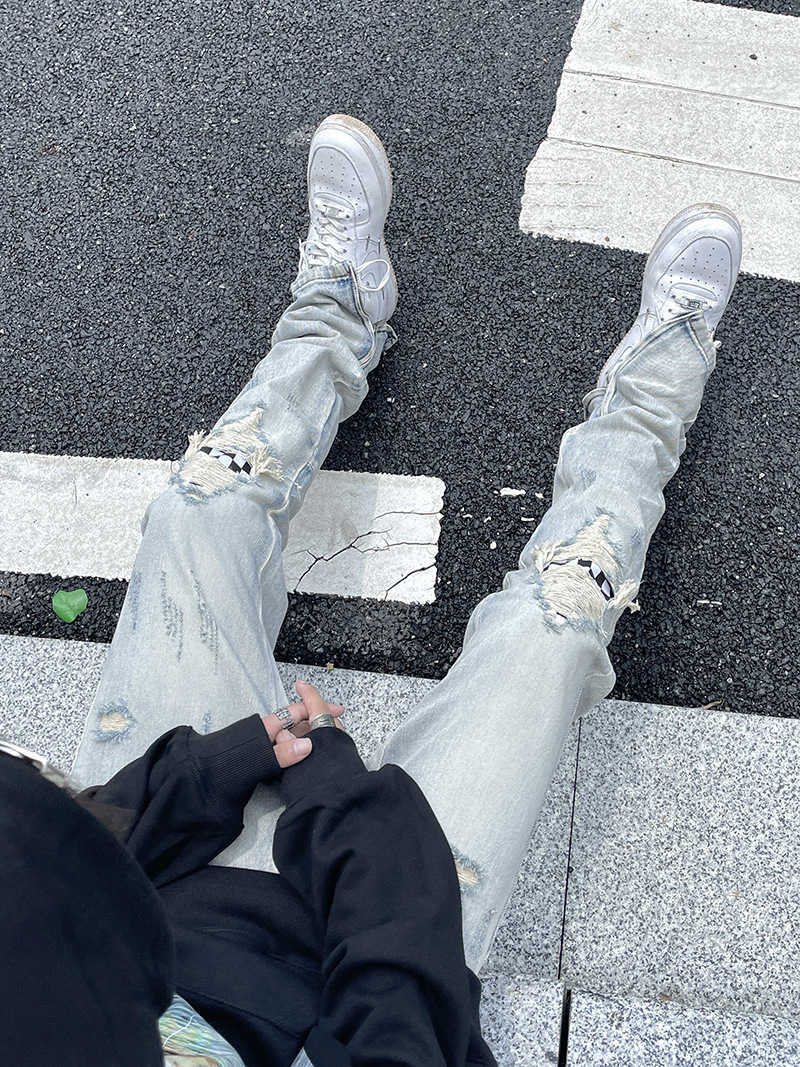 

Fog Jeans Fashion Pants Men' Hiphop Washed Worn Zippered Men Torn Patch Ruffian Handsome High Street Ins Justi Biber Ripped Hip Hop Slim, Light blue