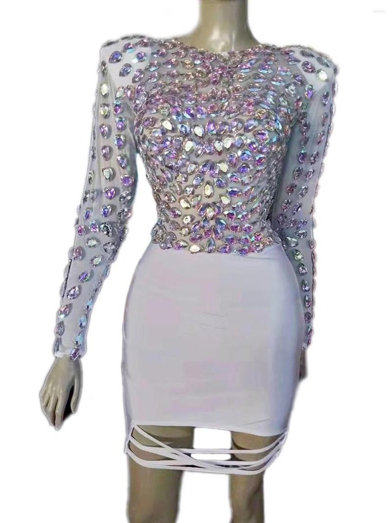 

Stage Wear Women Shining Crystals Mesh See Through Short Dress Celebrity Party Dresses Nightclub Outfit Singer Performance Costume, Picture shown
