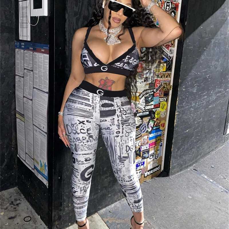 

2022 Women Tracksuits Two Piece Pants Fashion Letter Elastic Belt Split Sports Yoga Bikini Set, Black