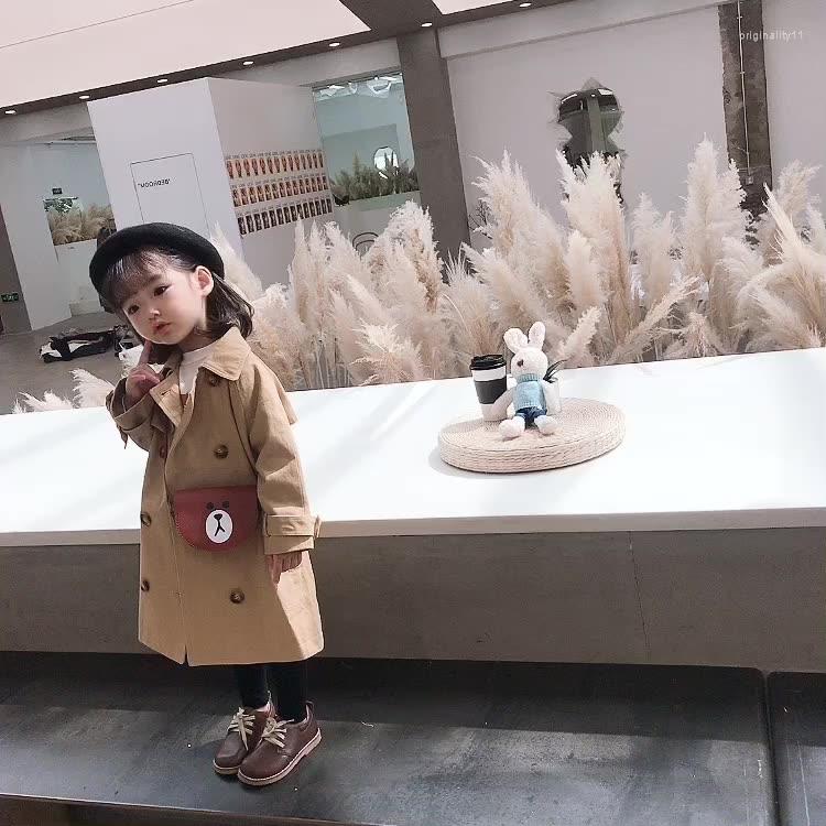 

Coat Girls' Windbreaker Middle And Small Children's Spring Clothing Double-breasted Casual Medium Long, Khaki