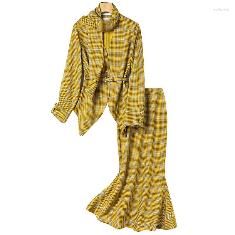 

Work Dresses Plaid Two Piece Sets Women Long Sleeve V Neck Tops And Midi Mermaid Dress Skirt F Female 2 Pieces Set Suits Outfit, Blue