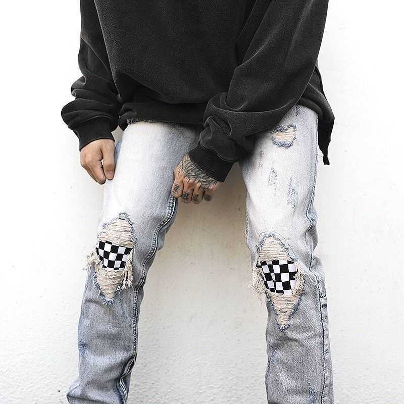 

Pants Men's Fashion Fog Jeans Tattered Men Loose Straight Trousers Casual Versatile Slim Justi Biber Ripped Hip Hop Fit Designer, Light blue #)