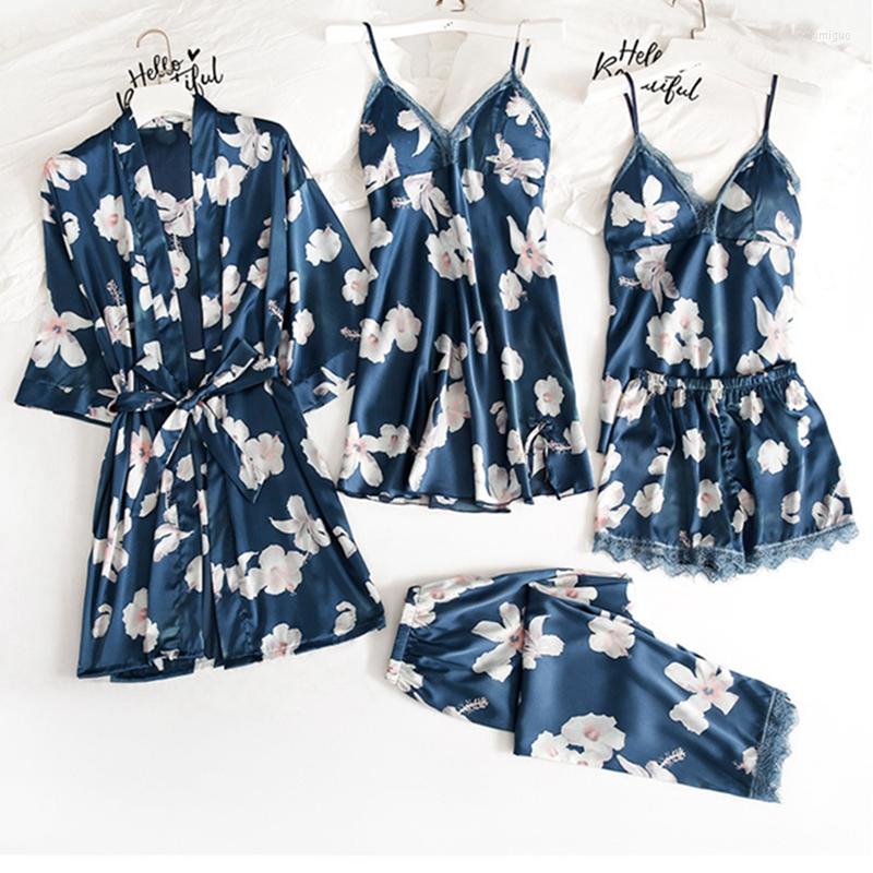 

Women's Sleepwear 5 PCS Satin Silk Women Pajamas Spring Summer Female Printing Robe Suit Sling Nightwer Woman Nightdres, Color 5
