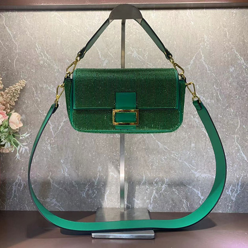 

New Re-edition Beaded Baguette Crossbody Bag Women Handbags Purse Flap Shoulder Genuine Leather Magnetic Clasp Removable Strap Handle Silver Hardware