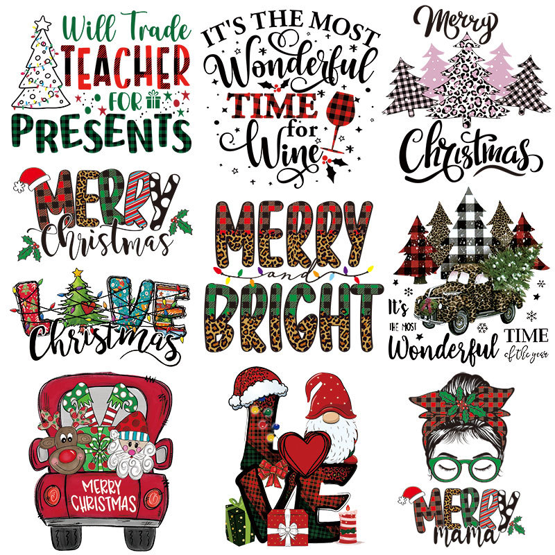 

Notions Big Christmas Heat Transfer Stickers Iron on Cute Cartoon Xmas Letters Patches Decals Appliques for T shirt Pillow DIY Decorations